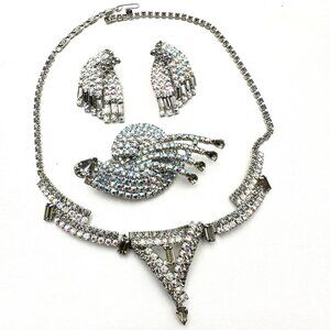 Vintage Aurora Borealis Glass Rhinestone Silver Necklace Brooch Earrings Set